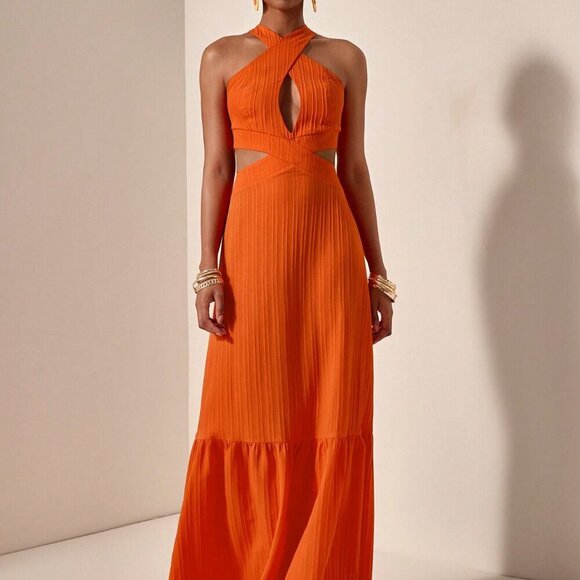 Orange Sexy Women's Casual Vacation Cross Halter Neck Hollow Backless Dress - Picture 4 of 7